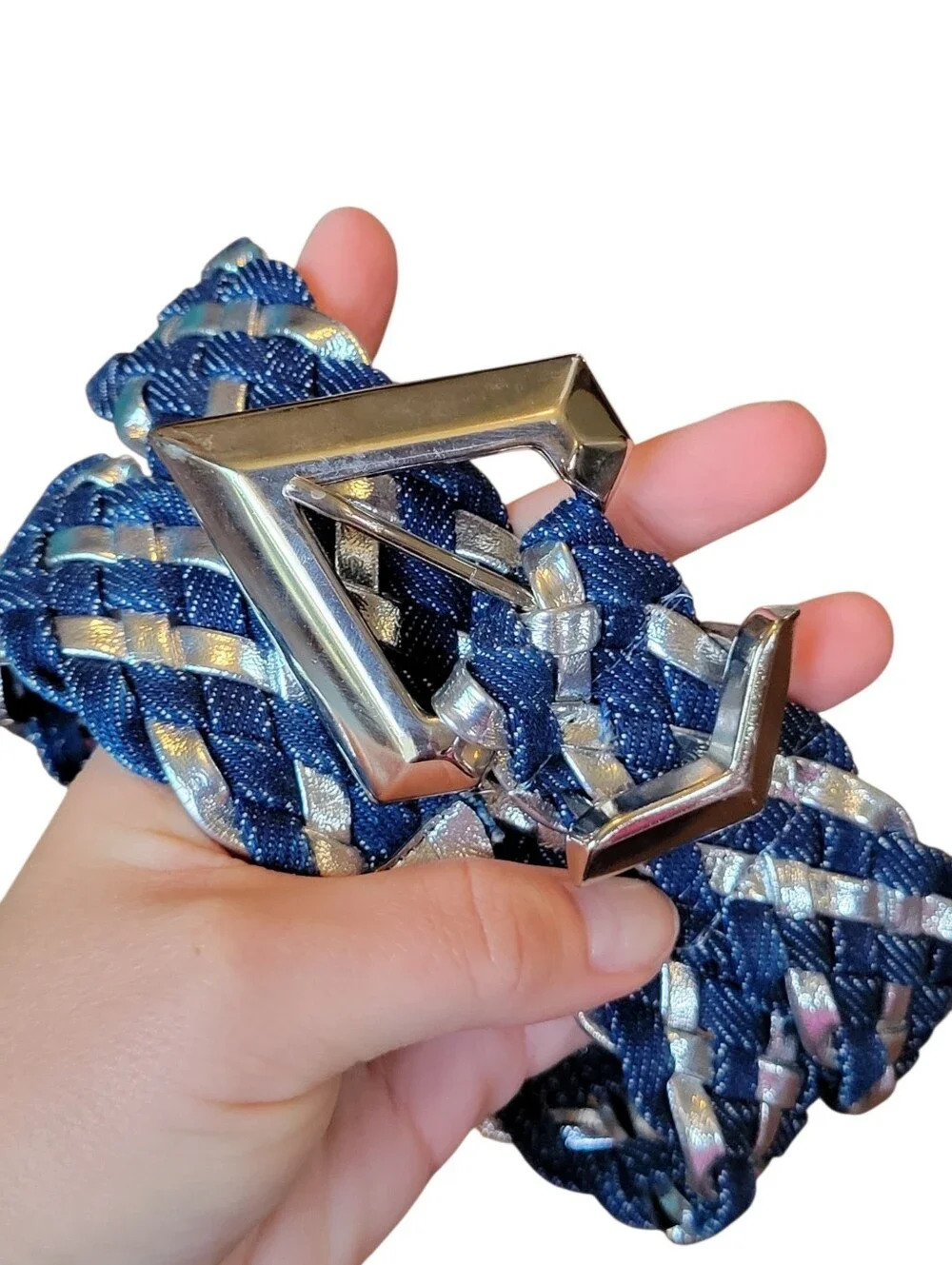 Metallic Silver & Denim Woven Statement Belt